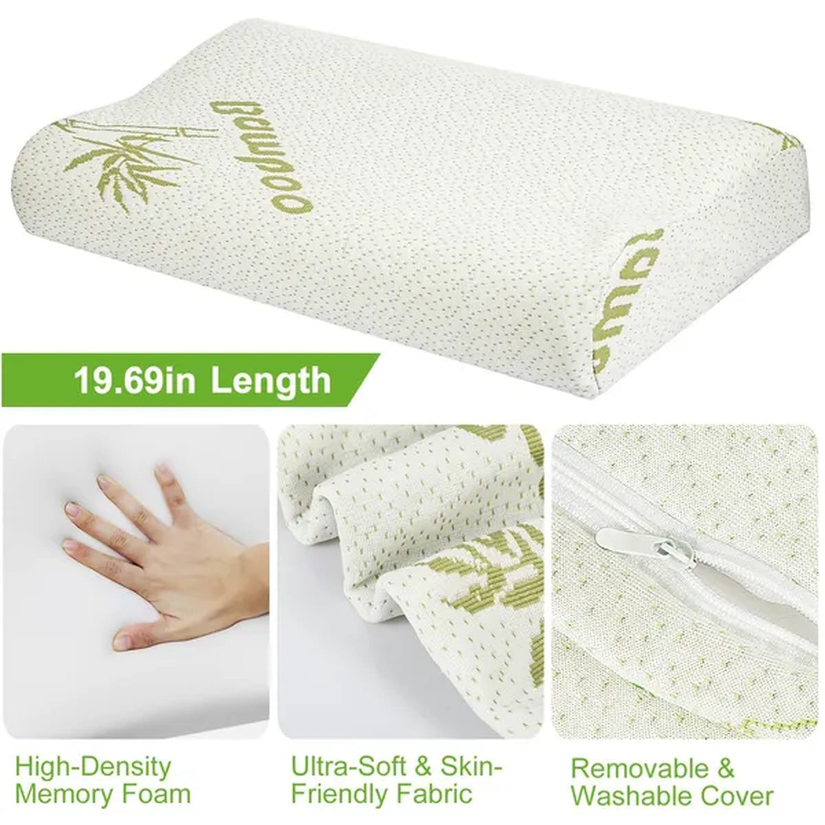 Close-ups of the memory foam, the bamboo-blend fabric and the zipped removable cover