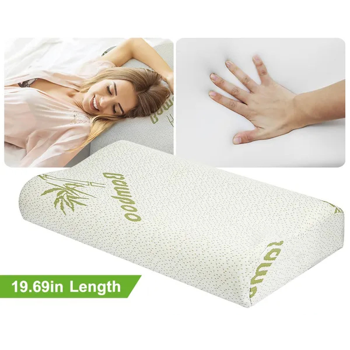 The pillow at 19.69 inches long, with a close-up of the memory foam